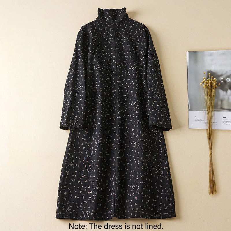 Buddha Stones Printing Buttons Lace Lapel Design Cotton Linen Long Sleeve Midi Dress With Pockets