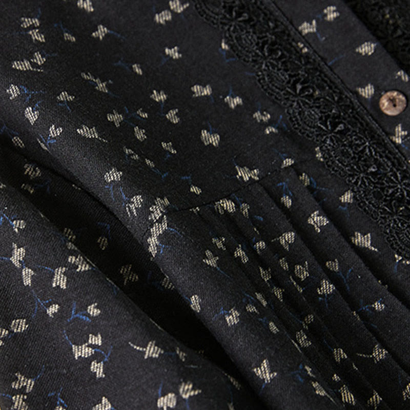 Buddha Stones Printing Buttons Lace Lapel Design Cotton Linen Long Sleeve Midi Dress With Pockets