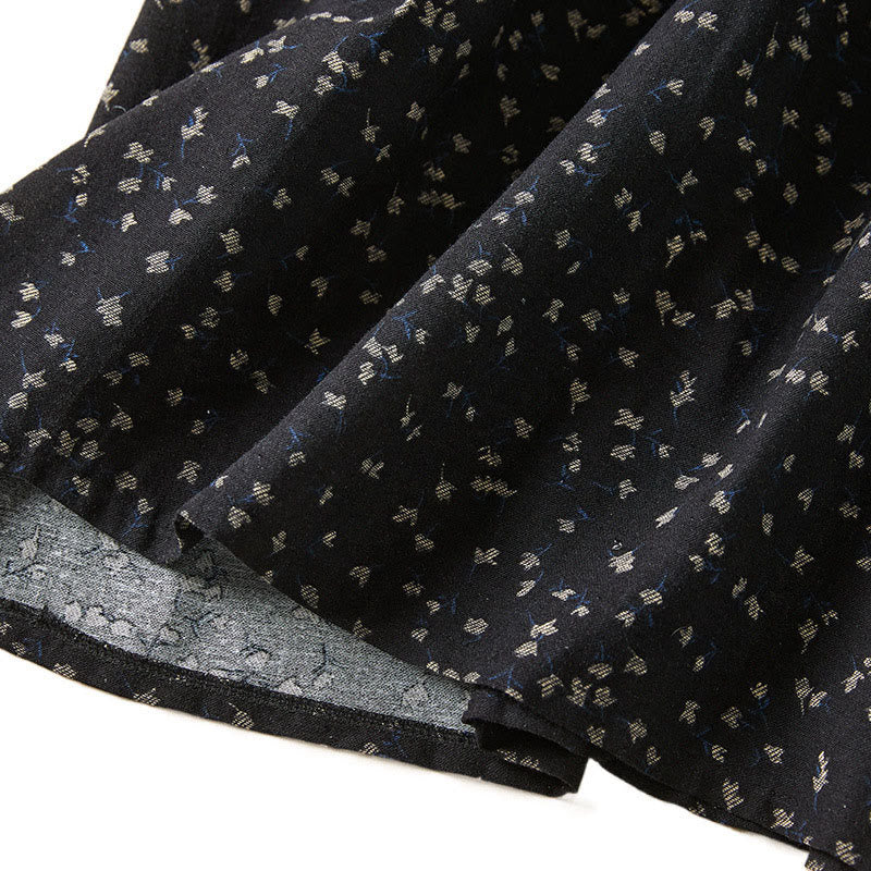 Buddha Stones Printing Buttons Lace Lapel Design Cotton Linen Long Sleeve Midi Dress With Pockets
