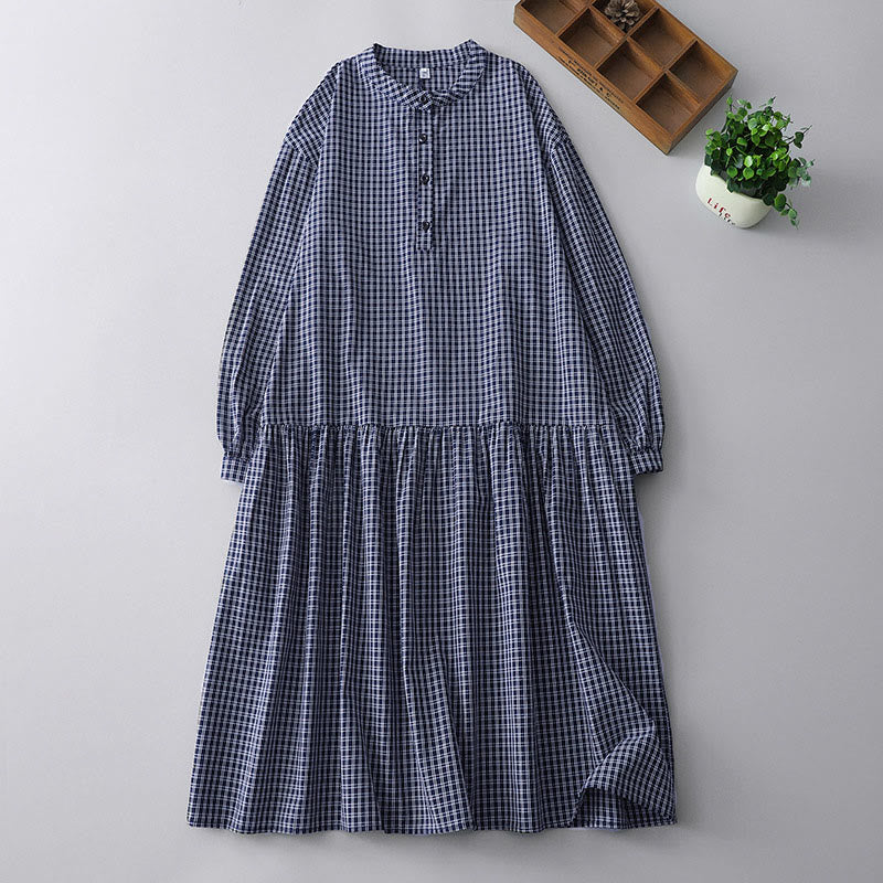 Buddha Stones Casual Plaid Buttons Lantern Long Sleeve Cotton Midi Dress
