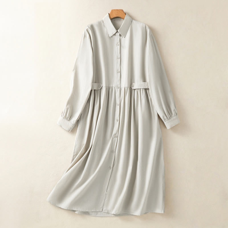 Buddha Stones Casual Plaid Pleats Buttons Design Long Sleeve Cotton Midi Dress With Pockets