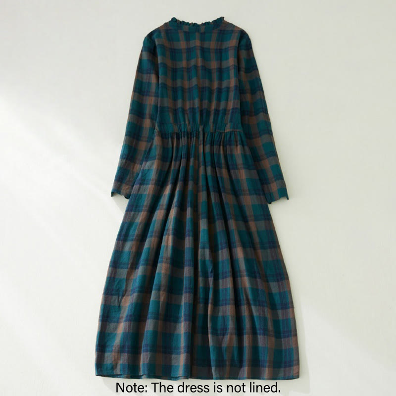 Buddha Stones Plaid Ruffled V-Neck Long Sleeve Drawstring Cotton Linen Midi Dress With Pockets