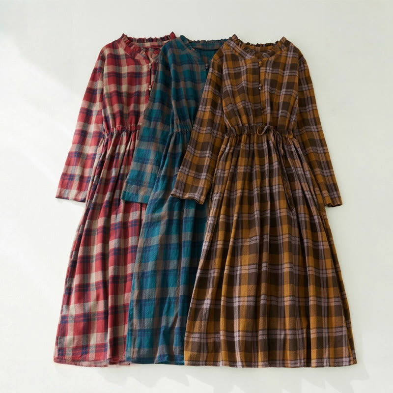 Buddha Stones Plaid Ruffled V-Neck Long Sleeve Drawstring Cotton Linen Midi Dress With Pockets