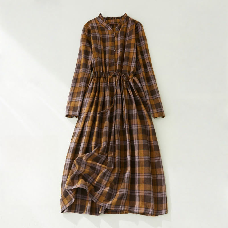 Buddha Stones Plaid Ruffled V-Neck Long Sleeve Drawstring Cotton Linen Midi Dress With Pockets