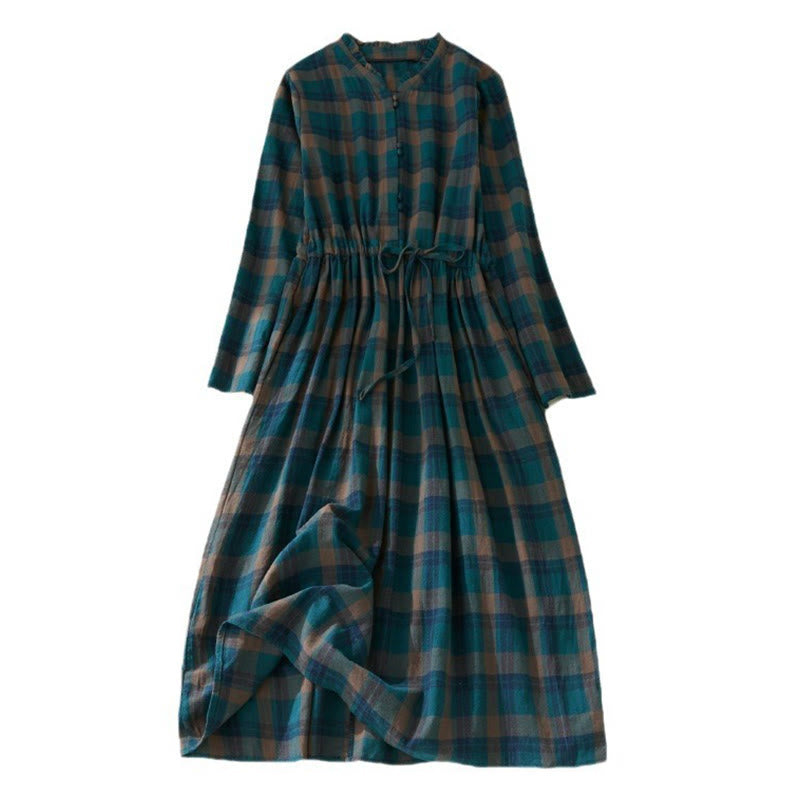 Buddha Stones Plaid Ruffled V-Neck Long Sleeve Drawstring Cotton Linen Midi Dress With Pockets