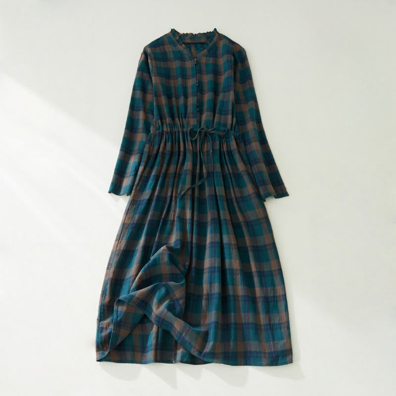 Buddha Stones Plaid Ruffled V-Neck Long Sleeve Drawstring Cotton Linen Midi Dress With Pockets
