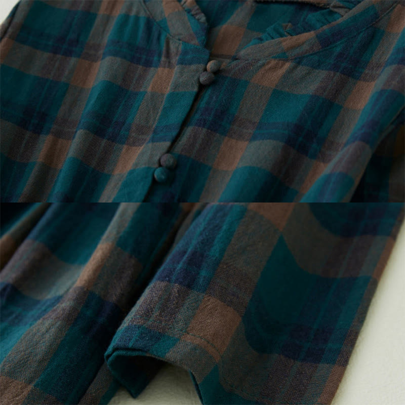 Buddha Stones Plaid Ruffled V-Neck Long Sleeve Drawstring Cotton Linen Midi Dress With Pockets