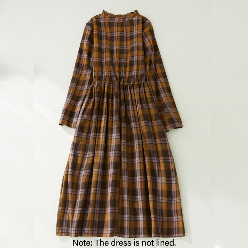 Buddha Stones Plaid Ruffled V-Neck Long Sleeve Drawstring Cotton Linen Midi Dress With Pockets