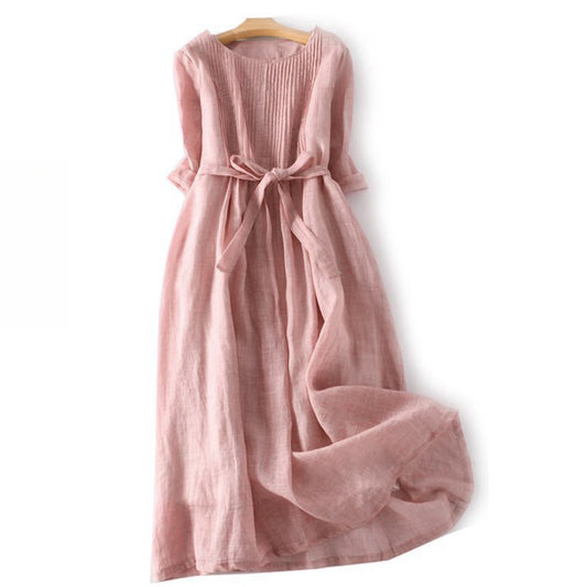 Buddha Stones Casual Lace-up Plain Crew Neck Half Sleeve Cotton Midi Dress With Pockets