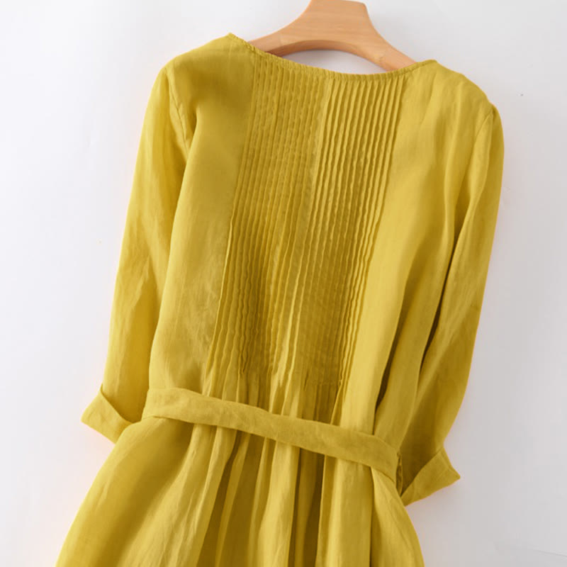Buddha Stones Casual Lace-up Plain Crew Neck Half Sleeve Cotton Midi Dress With Pockets