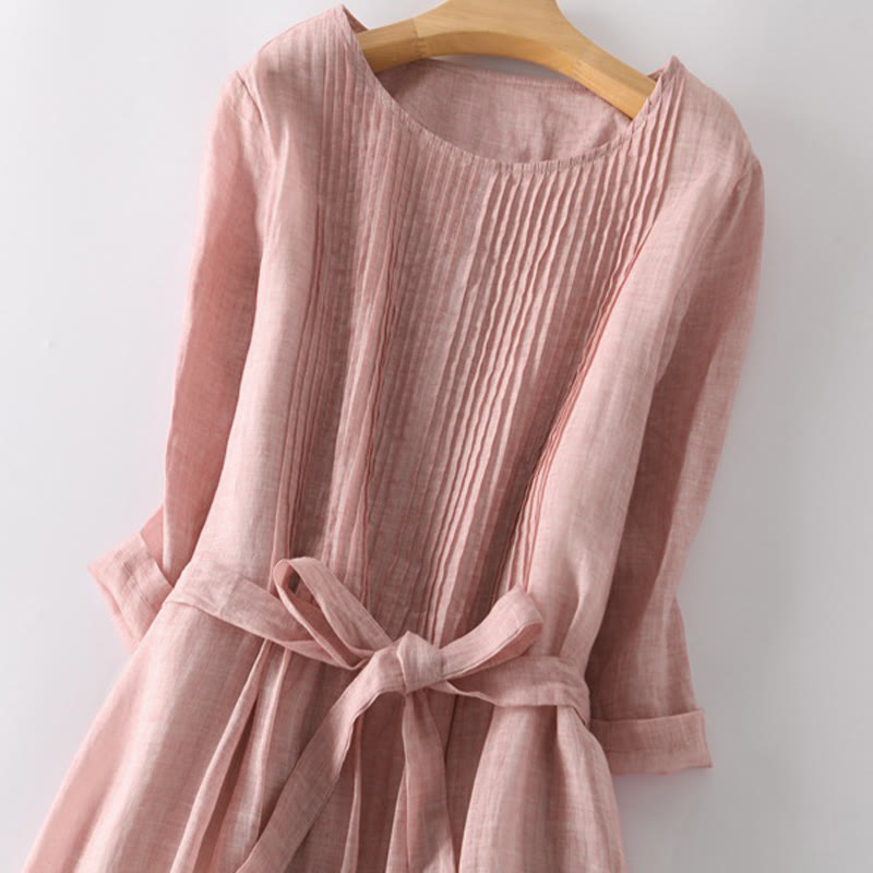 Buddha Stones Casual Lace-up Plain Crew Neck Half Sleeve Cotton Midi Dress With Pockets