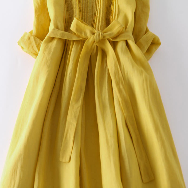 Buddha Stones Casual Lace-up Plain Crew Neck Half Sleeve Cotton Midi Dress With Pockets