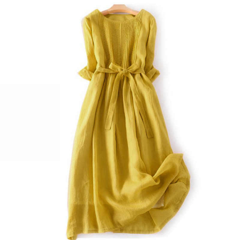 Buddha Stones Casual Lace-up Plain Crew Neck Half Sleeve Cotton Midi Dress With Pockets