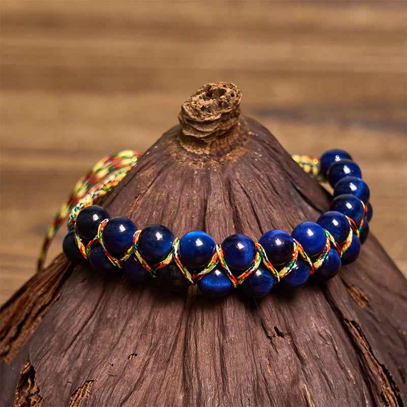 Buddha Stones Natural Blue Tiger Eye Hand-woven Colored Rope Double Row Beads Balance Bracelet