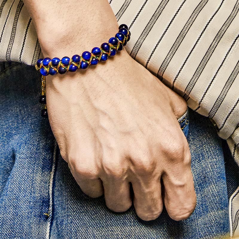 Buddha Stones Natural Blue Tiger Eye Hand-woven Colored Rope Double Row Beads Balance Bracelet