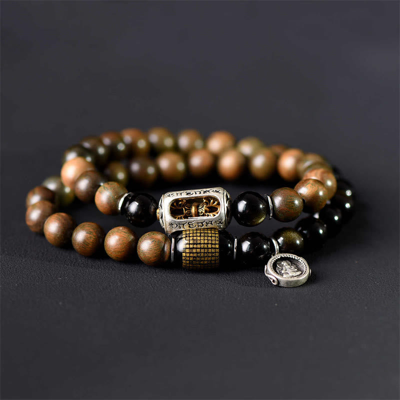 Buddha Stones Tibetan Green Sandalwood Gold Sheen Obsidian Balance Peace Double Wrap Bracelet