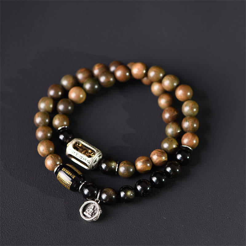 Buddha Stones Tibetan Green Sandalwood Gold Sheen Obsidian Balance Peace Double Wrap Bracelet