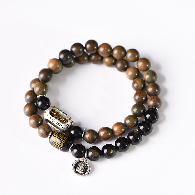 Buddha Stones Tibetan Green Sandalwood Gold Sheen Obsidian Balance Peace Double Wrap Bracelet