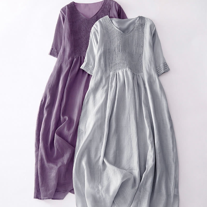 Buddha Stones Casual Accordion Pleat Plain V-neck Short Sleeve Cotton Midi Dress With Pockets