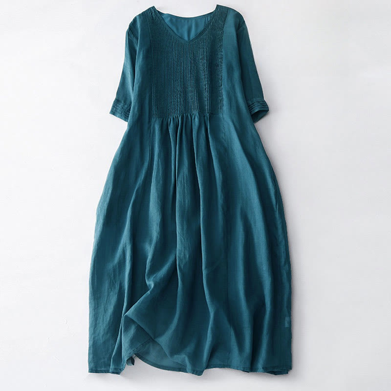 Buddha Stones Casual Accordion Pleat Plain V-neck Short Sleeve Cotton Midi Dress With Pockets