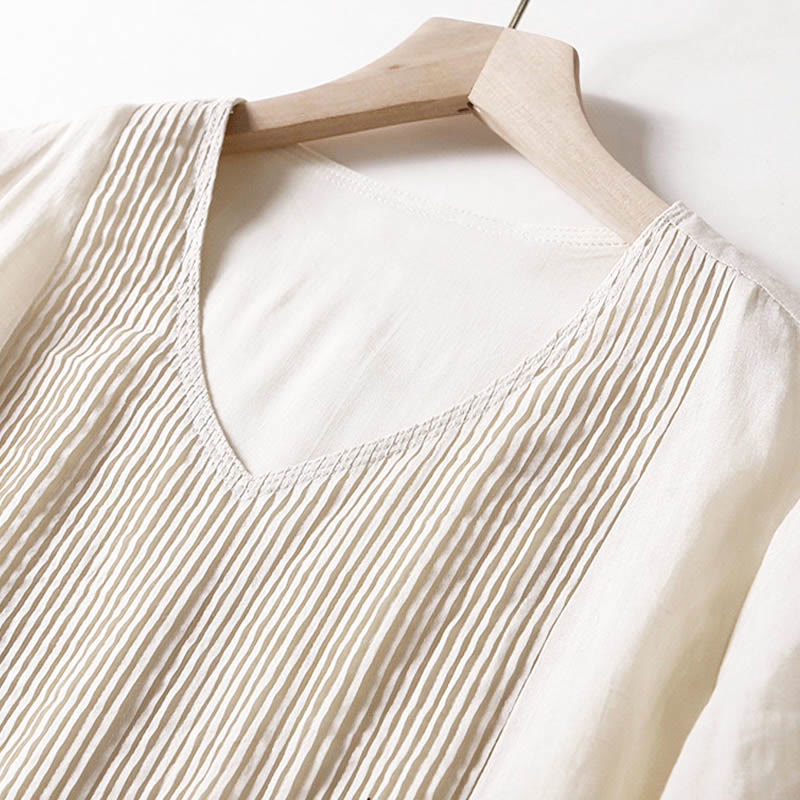 Buddha Stones Casual Accordion Pleat Plain V-neck Short Sleeve Cotton Midi Dress With Pockets