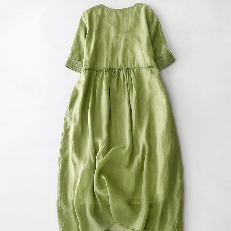 Buddha Stones Casual Accordion Pleat Plain V-neck Short Sleeve Cotton Midi Dress With Pockets