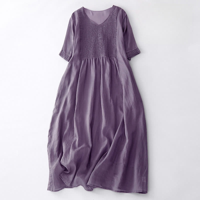 Buddha Stones Casual Accordion Pleat Plain V-neck Short Sleeve Cotton Midi Dress With Pockets