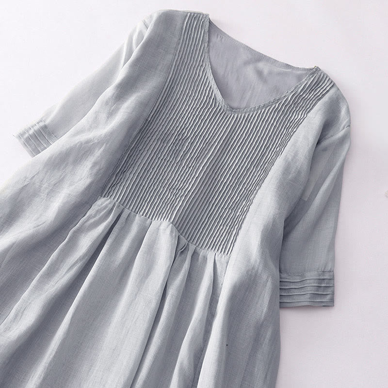 Buddha Stones Casual Accordion Pleat Plain V-neck Short Sleeve Cotton Midi Dress With Pockets