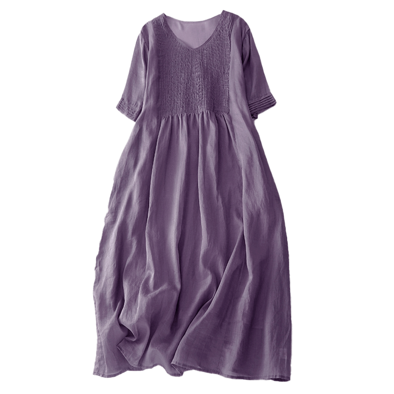 Buddha Stones Casual Accordion Pleat Plain V-neck Short Sleeve Cotton Midi Dress With Pockets