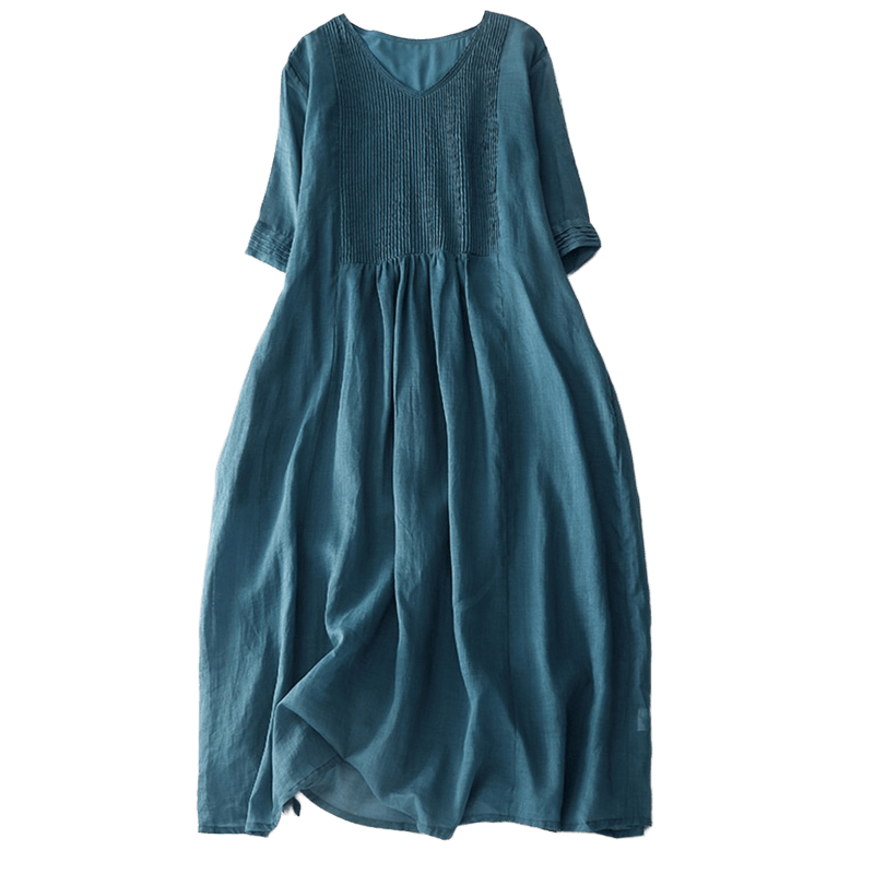 Buddha Stones Casual Accordion Pleat Plain V-neck Short Sleeve Cotton Midi Dress With Pockets