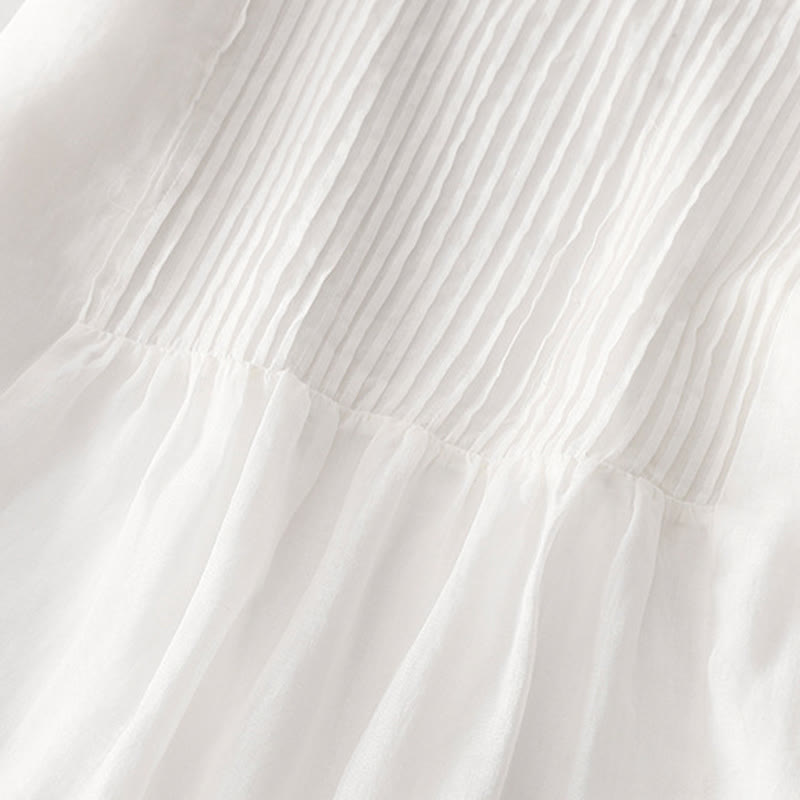 Buddha Stones Casual Accordion Pleat Plain V-neck Short Sleeve Cotton Midi Dress With Pockets