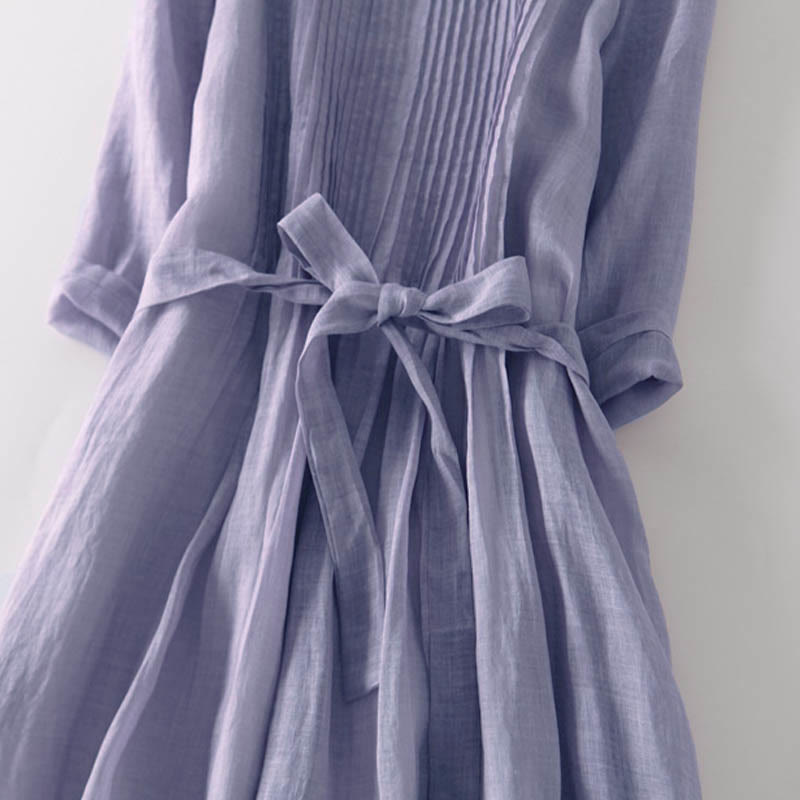 Buddha Stones Casual Lace-up Plain Crew Neck Half Sleeve Cotton Midi Dress With Pockets