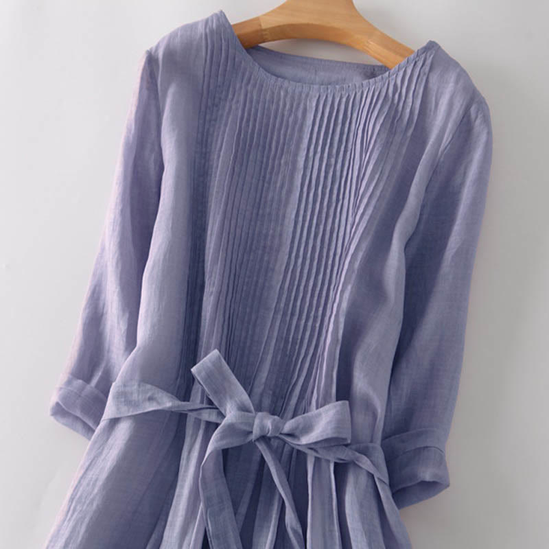 Buddha Stones Casual Lace-up Plain Crew Neck Half Sleeve Cotton Midi Dress With Pockets