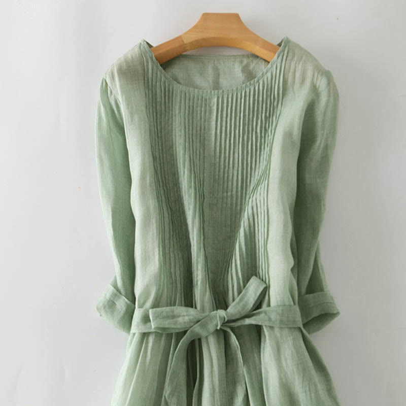Buddha Stones Casual Lace-up Plain Crew Neck Half Sleeve Cotton Midi Dress With Pockets