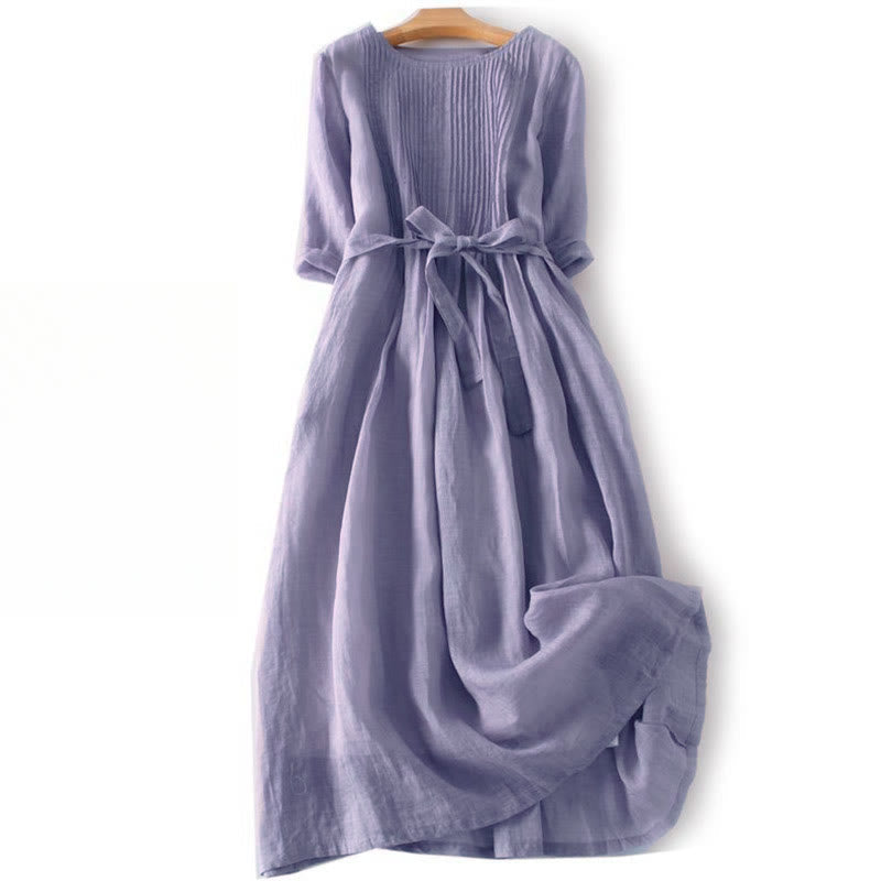 Buddha Stones Casual Lace-up Plain Crew Neck Half Sleeve Cotton Midi Dress With Pockets