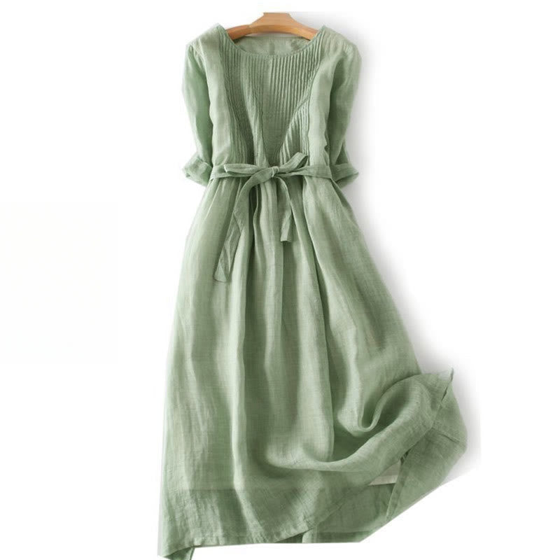 Buddha Stones Casual Lace-up Plain Crew Neck Half Sleeve Cotton Midi Dress With Pockets