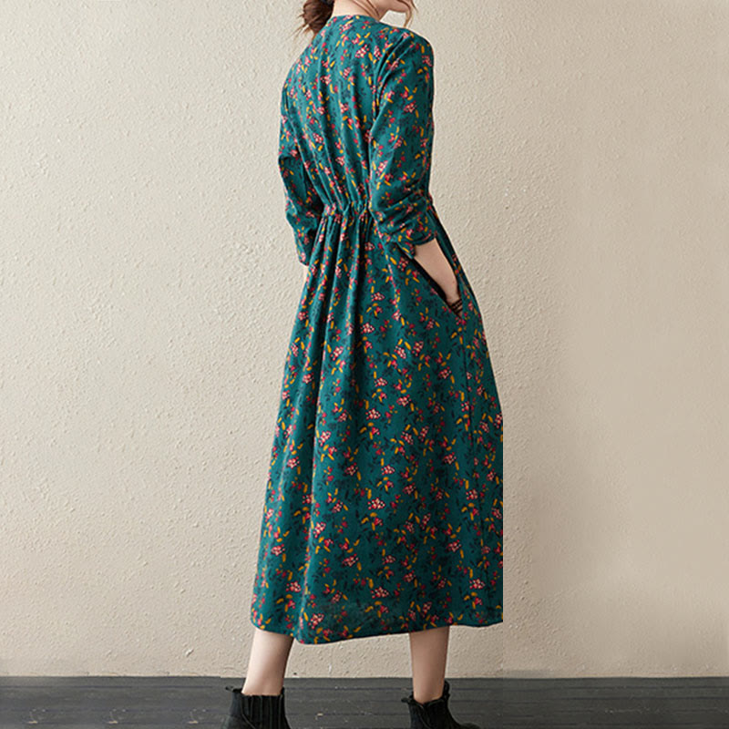 Buddha Stones Ethnic Printing Floral Long Sleeve Buttons Design Cotton Linen Midi Dress With Pockets