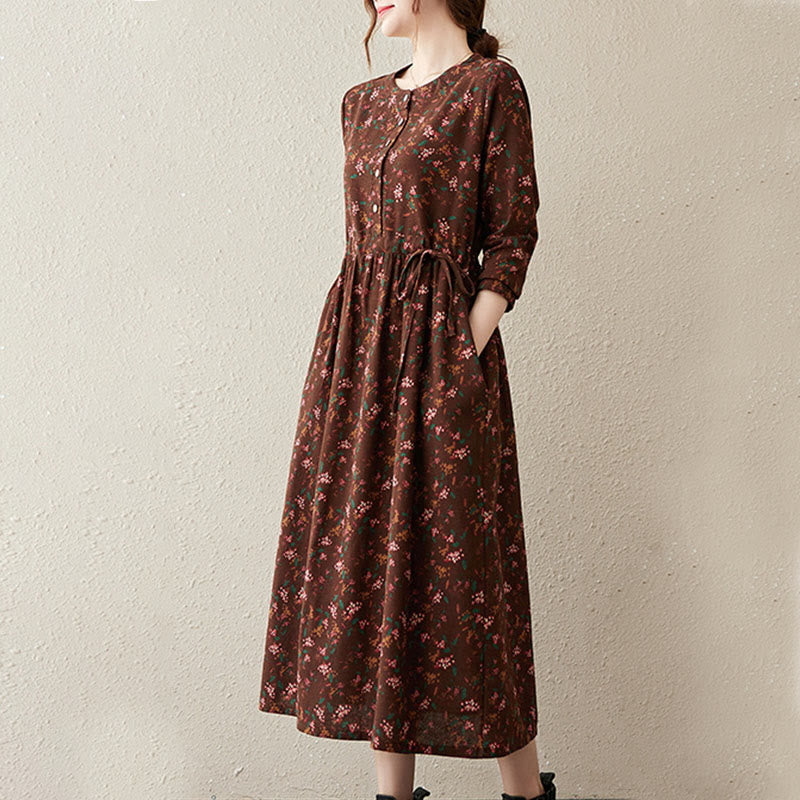 Buddha Stones Ethnic Printing Floral Long Sleeve Buttons Design Cotton Linen Midi Dress With Pockets