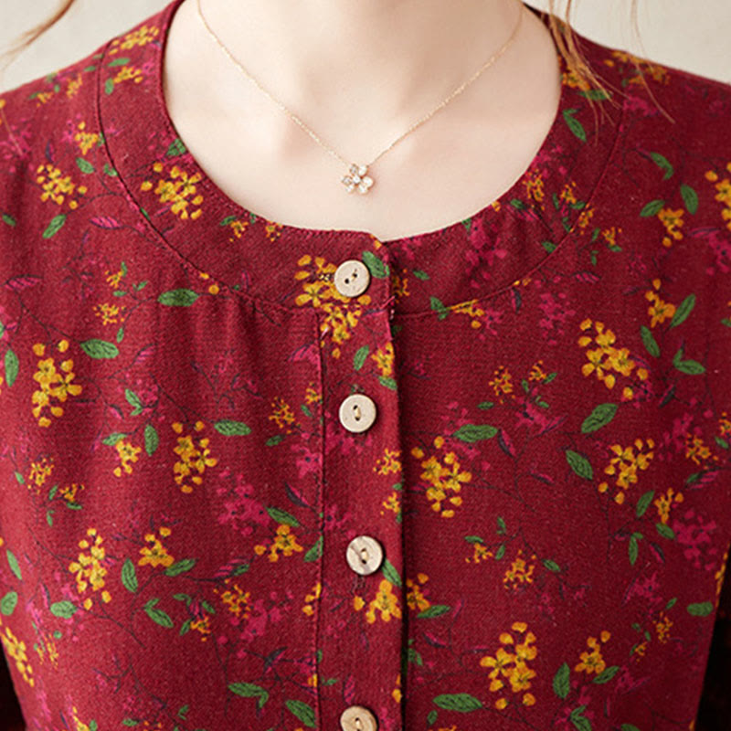 Buddha Stones Ethnic Printing Floral Long Sleeve Buttons Design Cotton Linen Midi Dress With Pockets