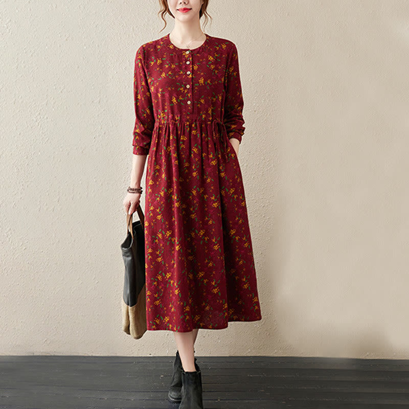 Buddha Stones Ethnic Printing Floral Long Sleeve Buttons Design Cotton Linen Midi Dress With Pockets
