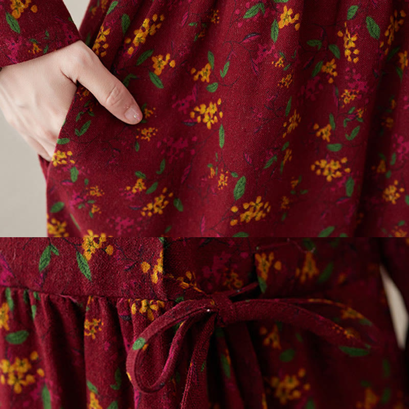 Buddha Stones Ethnic Printing Floral Long Sleeve Buttons Design Cotton Linen Midi Dress With Pockets