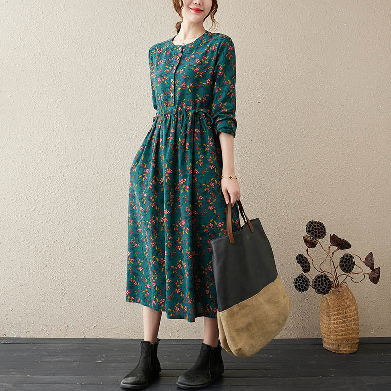 Buddha Stones Ethnic Printing Floral Long Sleeve Buttons Design Cotton Linen Midi Dress With Pockets