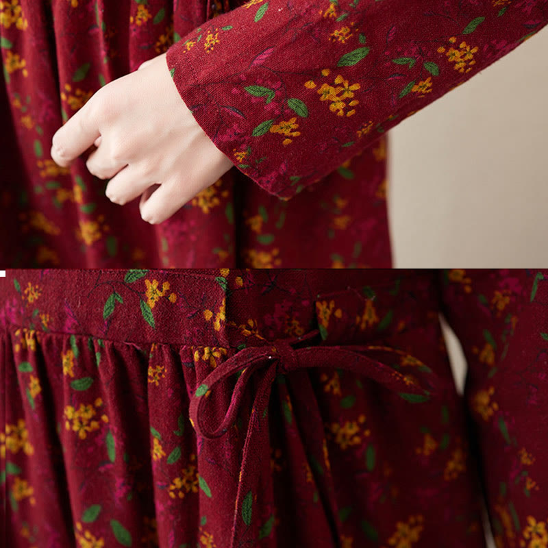 Buddha Stones Ethnic Printing Floral Long Sleeve Buttons Design Cotton Linen Midi Dress With Pockets