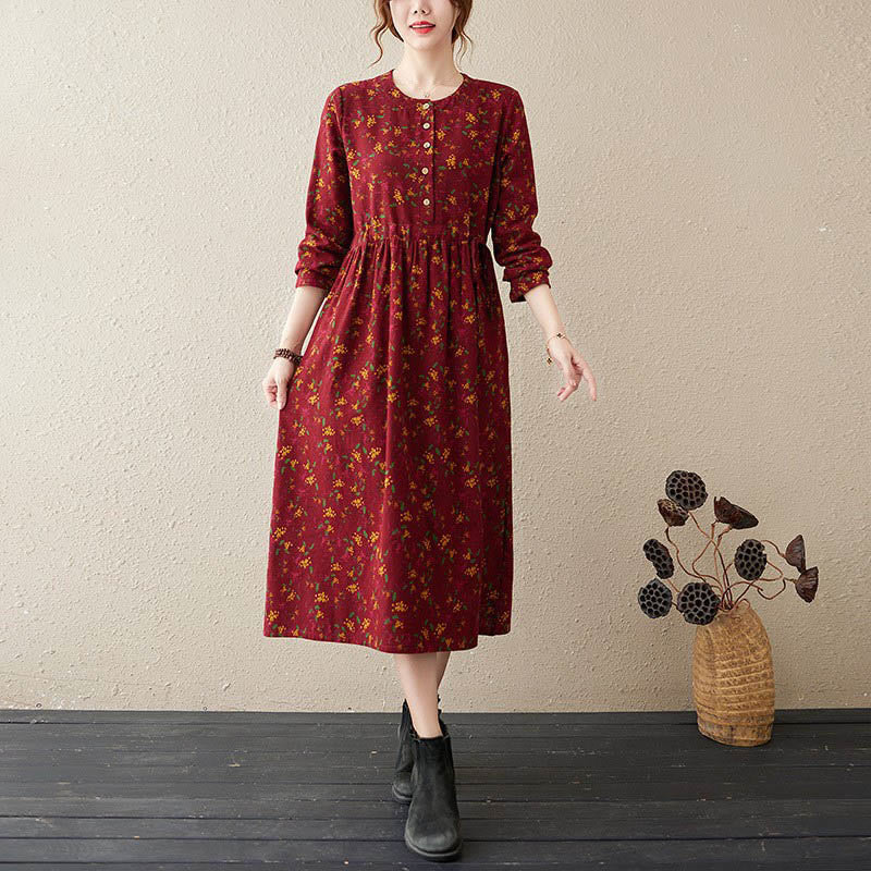 Buddha Stones Ethnic Printing Floral Long Sleeve Buttons Design Cotton Linen Midi Dress With Pockets
