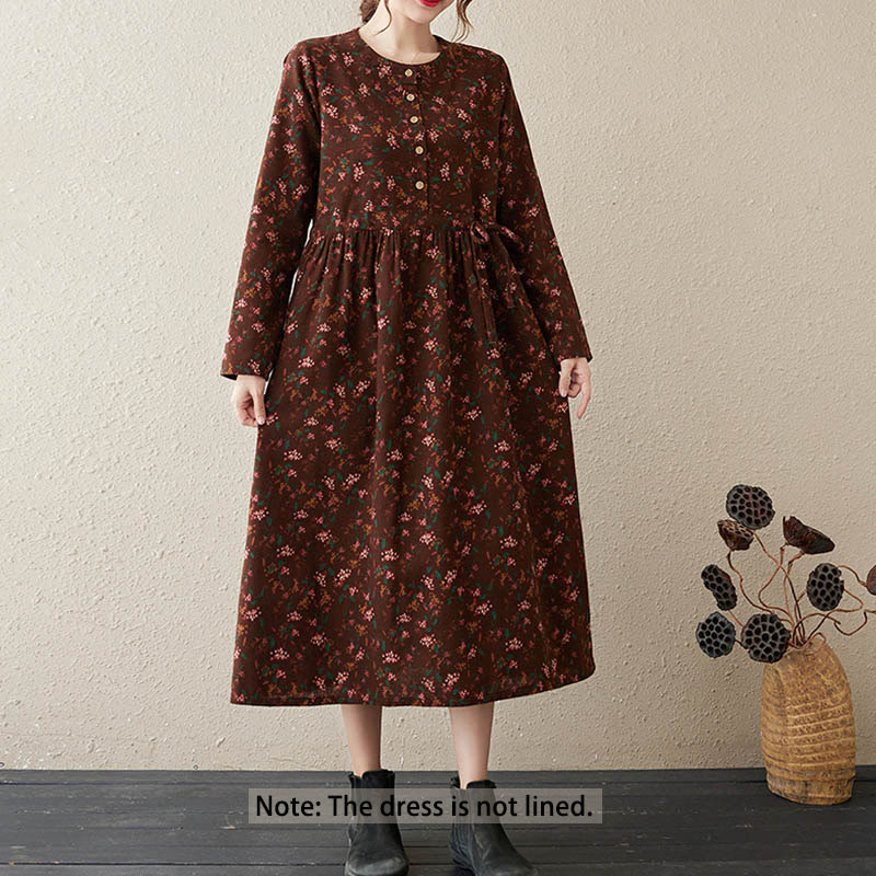 Buddha Stones Ethnic Printing Floral Long Sleeve Buttons Design Cotton Linen Midi Dress With Pockets