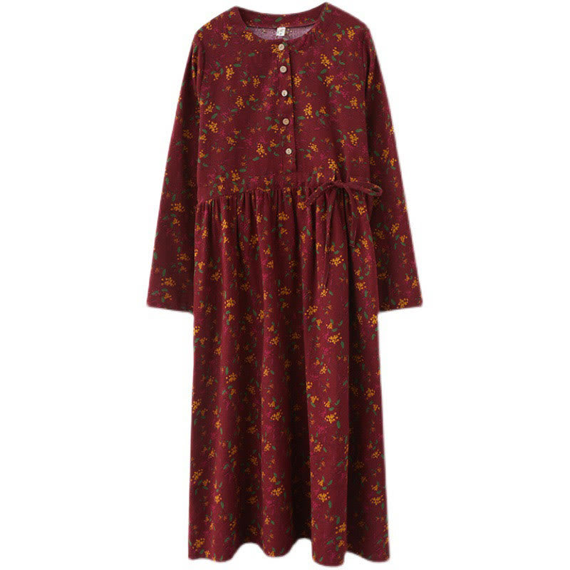 Buddha Stones Ethnic Printing Floral Long Sleeve Buttons Design Cotton Linen Midi Dress With Pockets