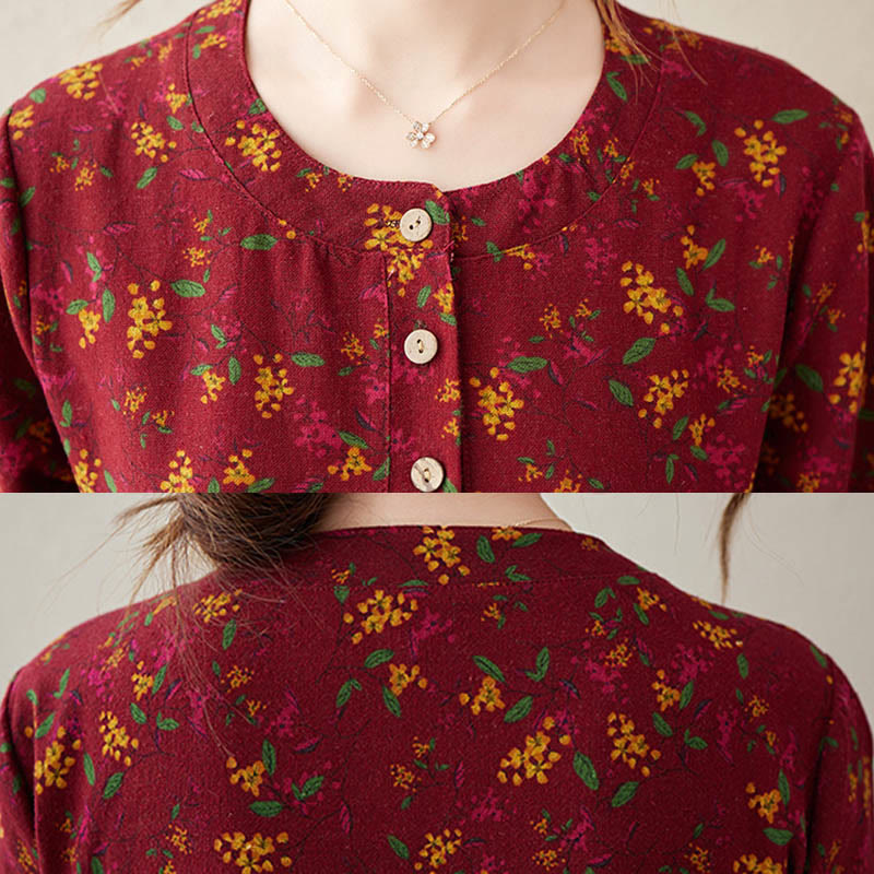 Buddha Stones Ethnic Printing Floral Long Sleeve Buttons Design Cotton Linen Midi Dress With Pockets