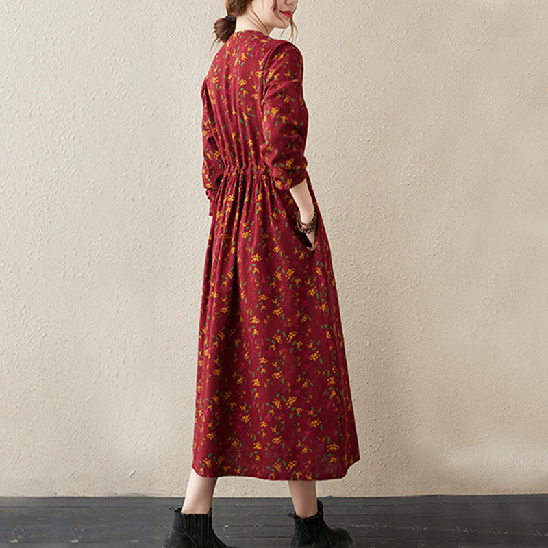 Buddha Stones Ethnic Printing Floral Long Sleeve Buttons Design Cotton Linen Midi Dress With Pockets