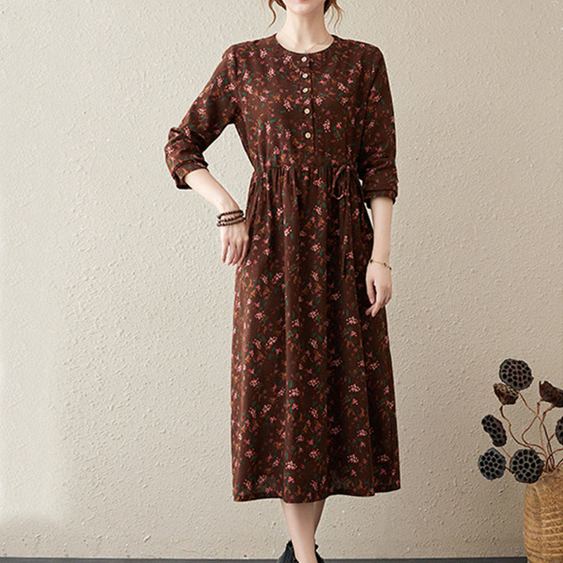 Buddha Stones Ethnic Printing Floral Long Sleeve Buttons Design Cotton Linen Midi Dress With Pockets