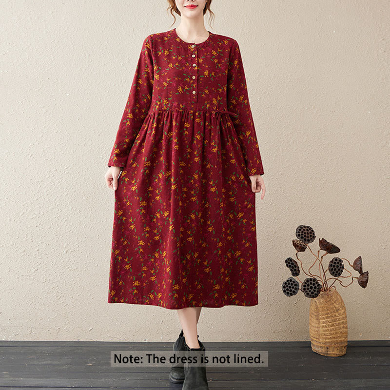 Buddha Stones Ethnic Printing Floral Long Sleeve Buttons Design Cotton Linen Midi Dress With Pockets